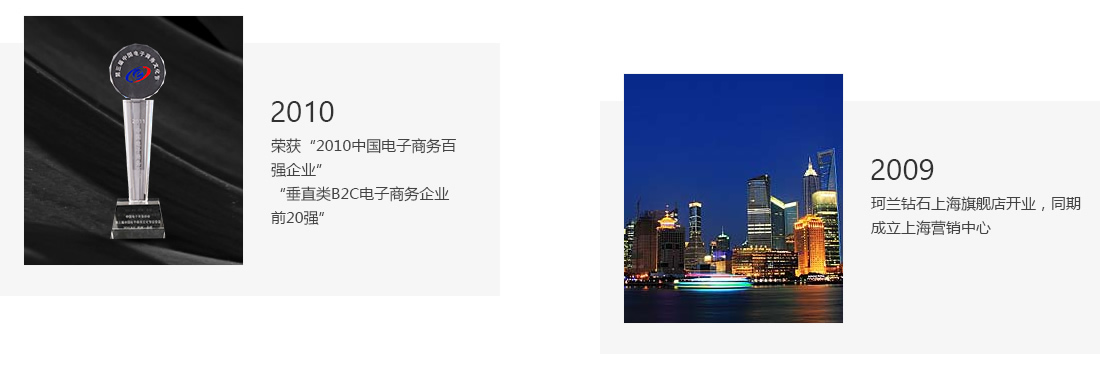 2009，珂兰钻石上海旗舰店开业，同期
成立上海营销中心。2010，荣获2010中国电子商务百强企业、垂直类B2C电子商务企业前20强。